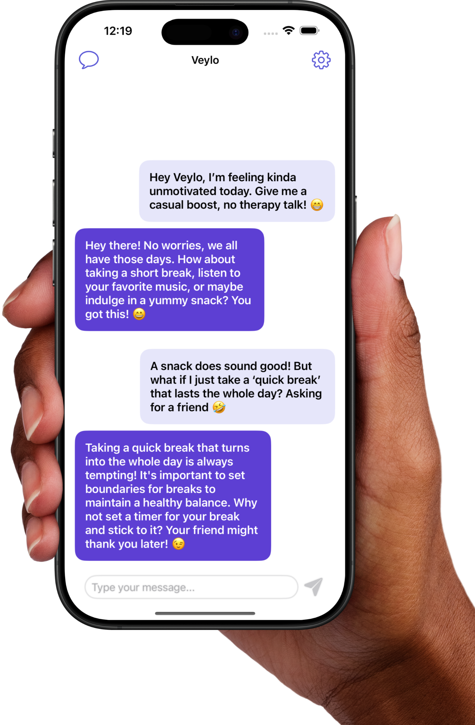 Veylo AI Chat - Personalized Motivation and Support Conversations Screenshot of Veylo AI chat on iPhone showing a supportive and personalized motivational conversation from the AI companion.